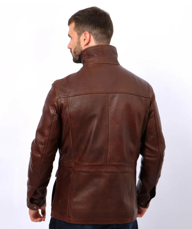 Men’s Brown Genuine Sheep Leather Field Jacket – Classic Four-Pocket Military Style