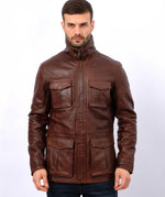 Men’s Brown Genuine Sheep Leather Field Jacket – Classic Four-Pocket Military Style