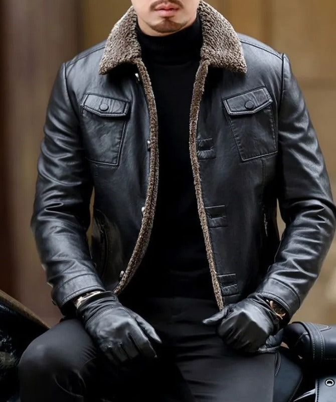 Men’s Black Shearling Collar Leather Jacket | Winter Biker Style Outerwear