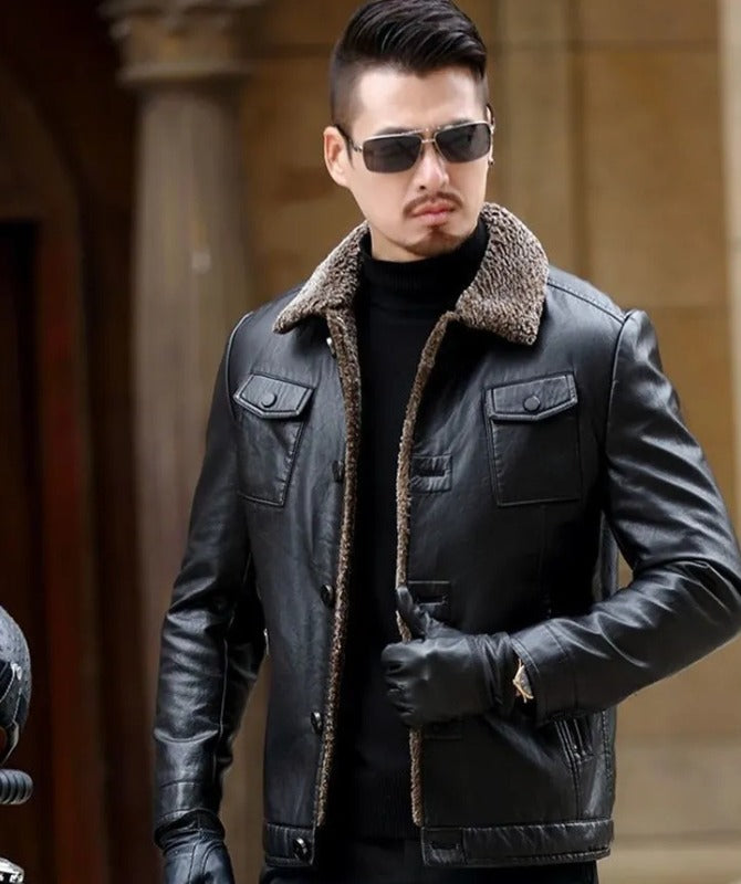 Men’s Black Shearling Collar Leather Jacket | Winter Biker Style Outerwear