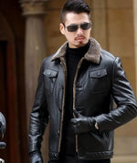 Men’s Black Shearling Collar Leather Jacket | Winter Biker Style Outerwear