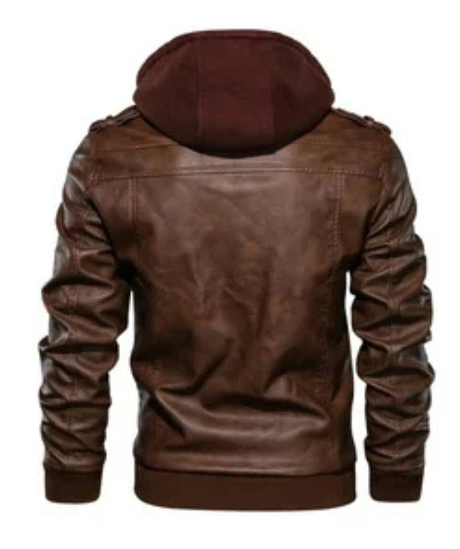 Men’s Brown Faux Leather Jacket with Hoodie | Casual Streetwear Style