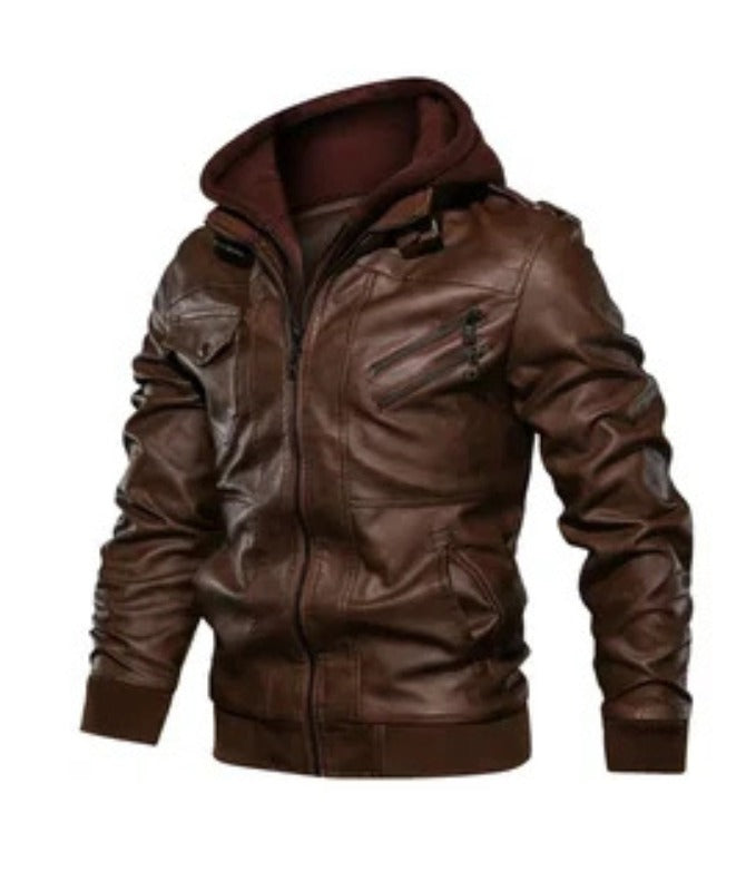 Men’s Brown Faux Leather Jacket with Hoodie | Casual Streetwear Style