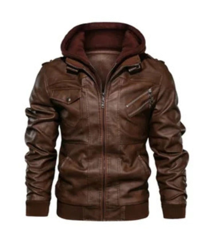 Men’s Brown Faux Leather Jacket with Hoodie | Casual Streetwear Style