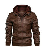 Men’s Brown Faux Leather Jacket with Hoodie | Casual Streetwear Style
