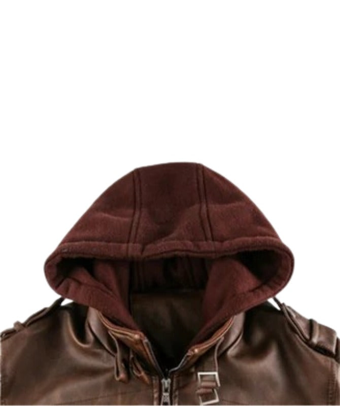 Men’s Brown Faux Leather Jacket with Hoodie | Casual Streetwear Style
