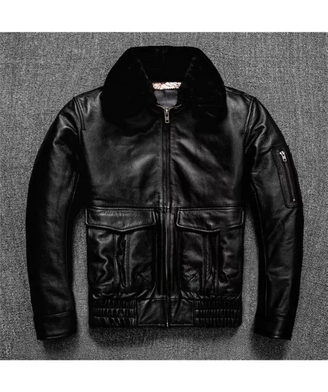 Men’s Classic Black Shearling Collar Leather Jacket – 100% Genuine Sheep Leather
