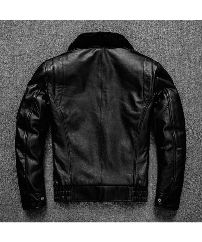 Men’s Classic Black Shearling Collar Leather Jacket – 100% Genuine Sheep Leather
