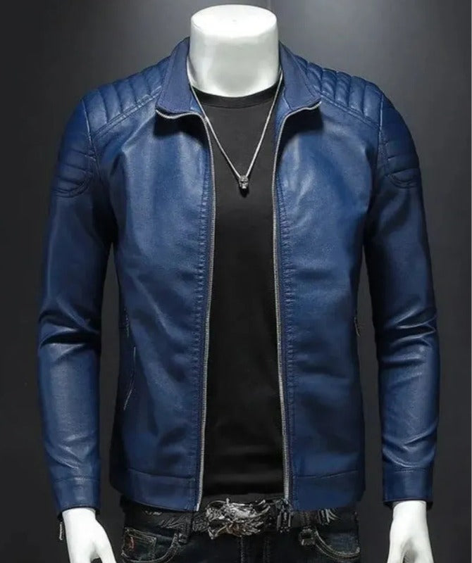 Men’s Blue Sheep Leather Jacket – Slim Fit Stylish Casual Moto Design