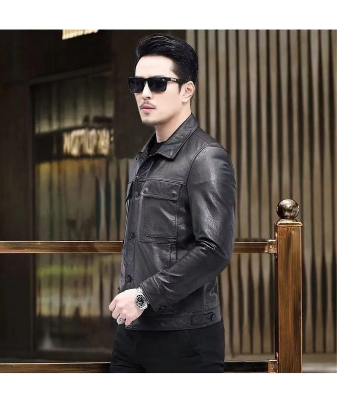 Men’s Black Sheep Leather Shirt Jacket – Premium Slim Fit Button-Up Outerwear