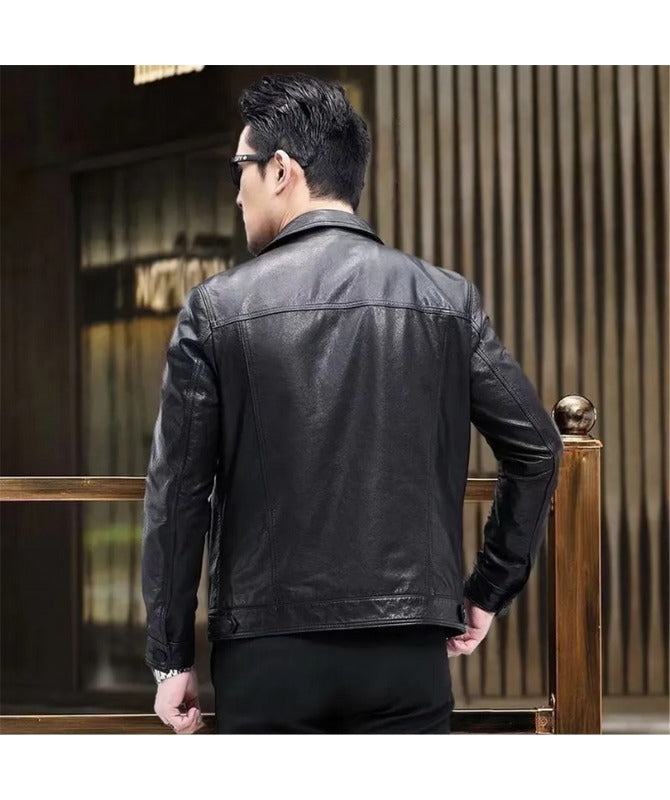 Men’s Black Sheep Leather Shirt Jacket – Premium Slim Fit Button-Up Outerwear