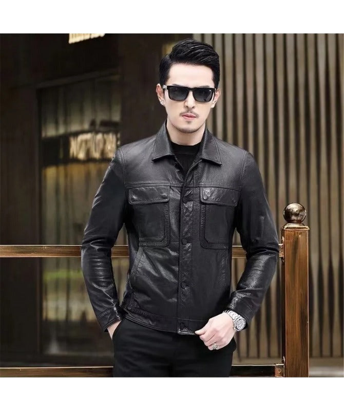 Men’s Black Sheep Leather Shirt Jacket – Premium Slim Fit Button-Up Outerwear