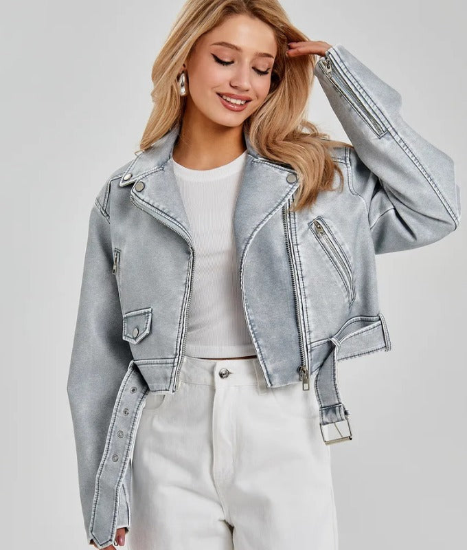 Women’s Silver Gray Genuine Sheep Leather Cropped Biker Jacket – Modern Metallic Moto Style