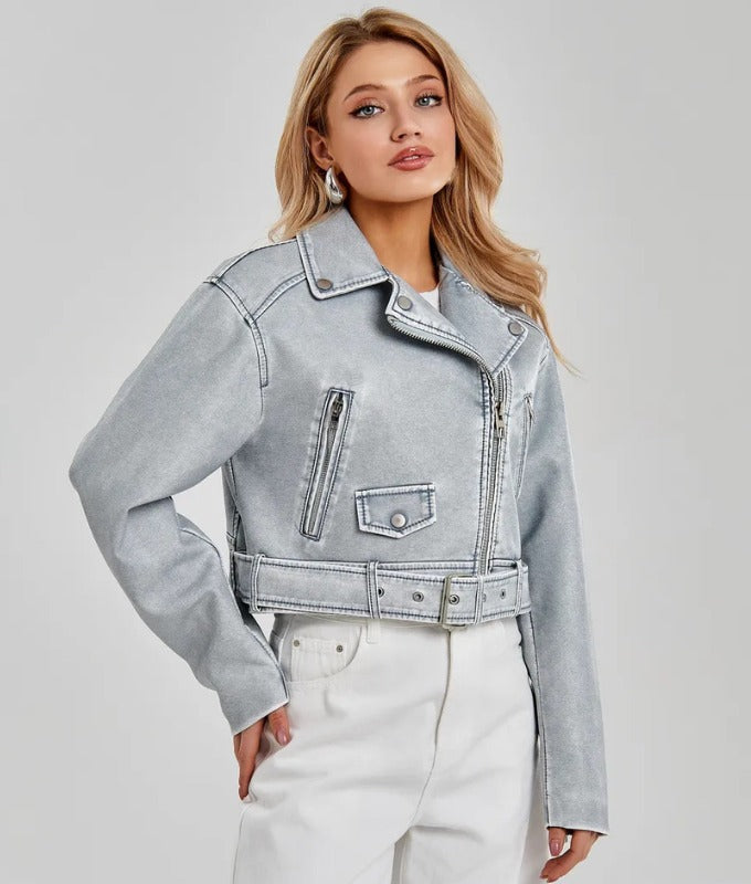 Women’s Silver Gray Genuine Sheep Leather Cropped Biker Jacket – Modern Metallic Moto Style