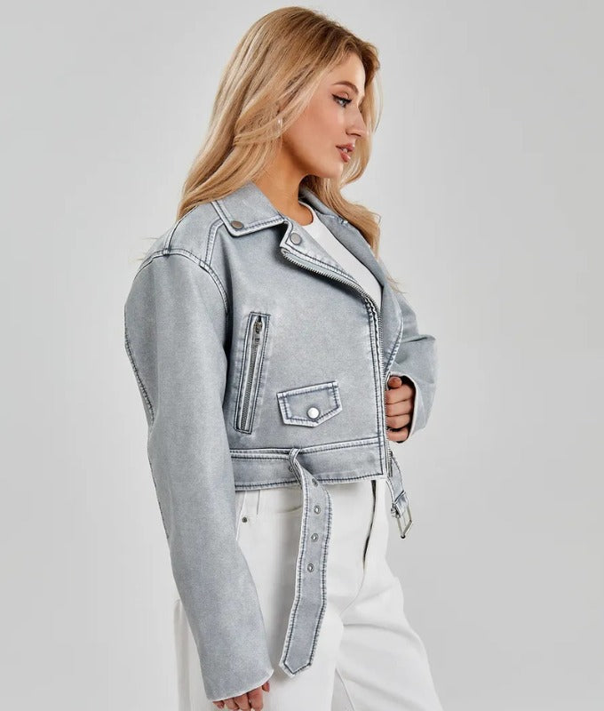 Women’s Silver Gray Genuine Sheep Leather Cropped Biker Jacket – Modern Metallic Moto Style