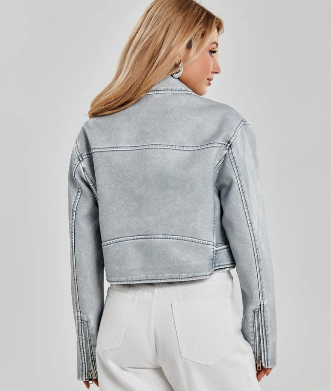 Women’s Silver Gray Genuine Sheep Leather Cropped Biker Jacket – Modern Metallic Moto Style