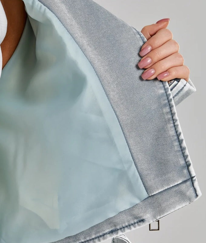 Women’s Silver Gray Genuine Sheep Leather Cropped Biker Jacket – Modern Metallic Moto Style