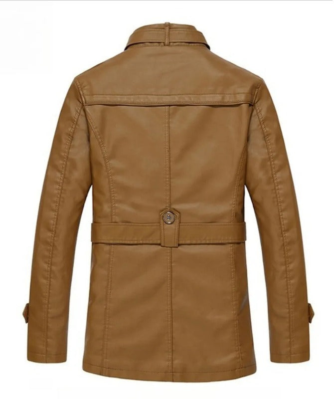 Men’s Brown Sheep Leather Long Jacket – Winter Warm Military Style Coat with Belt & Fur Lining