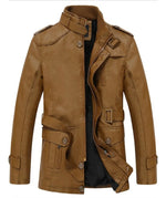 Men’s Brown Sheep Leather Long Jacket – Winter Warm Military Style Coat with Belt & Fur Lining