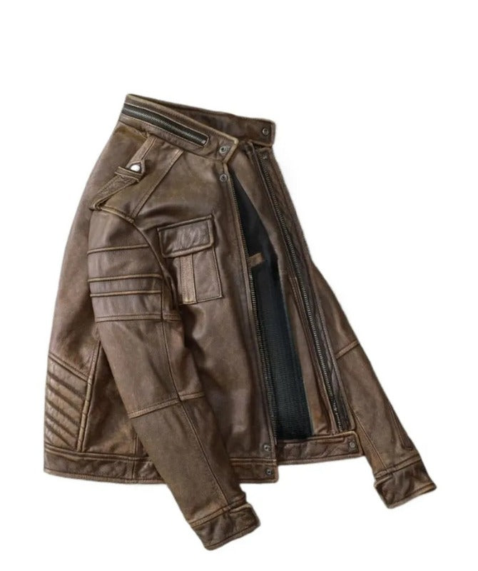 Men’s Vintage Brown Sheep Leather Biker Jacket – Retro Moto Style Slim Fit Outerwear