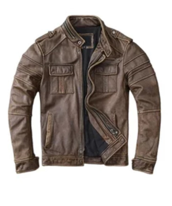 Men’s Vintage Brown Sheep Leather Biker Jacket – Retro Moto Style Slim Fit Outerwear