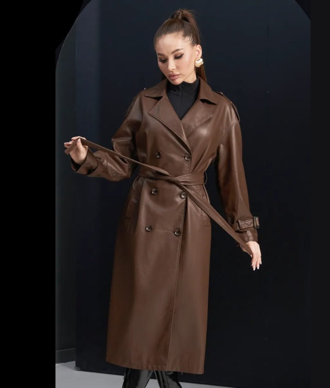 Women’s Brown Genuine Sheep Leather Trench Coat – Classic Belted Long Leather Overcoat