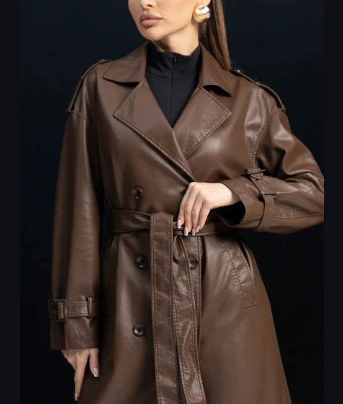 Women’s Brown Genuine Sheep Leather Trench Coat – Classic Belted Long Leather Overcoat