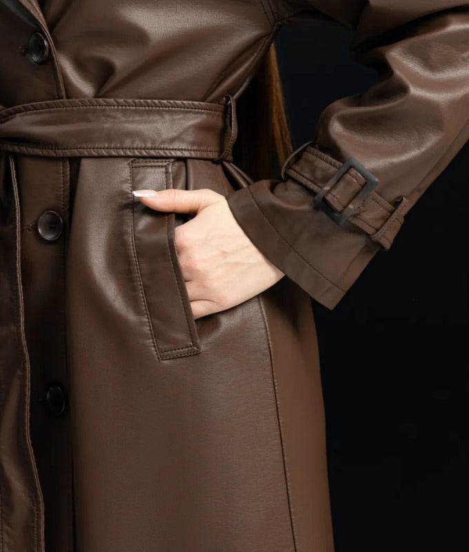 Women’s Brown Genuine Sheep Leather Trench Coat – Classic Belted Long Leather Overcoat