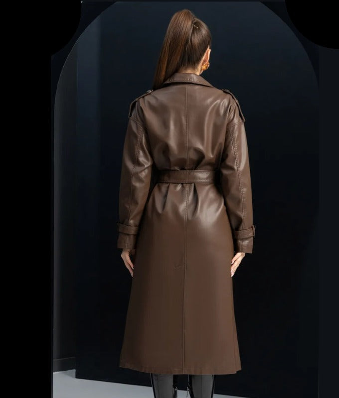 Women’s Brown Genuine Sheep Leather Trench Coat – Classic Belted Long Leather Overcoat