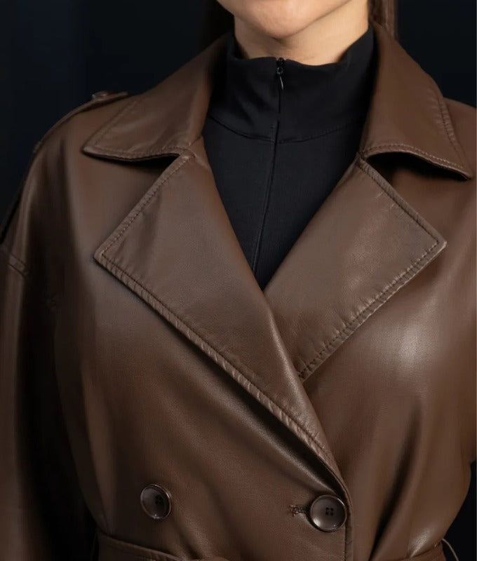 Women’s Brown Genuine Sheep Leather Trench Coat – Classic Belted Long Leather Overcoat