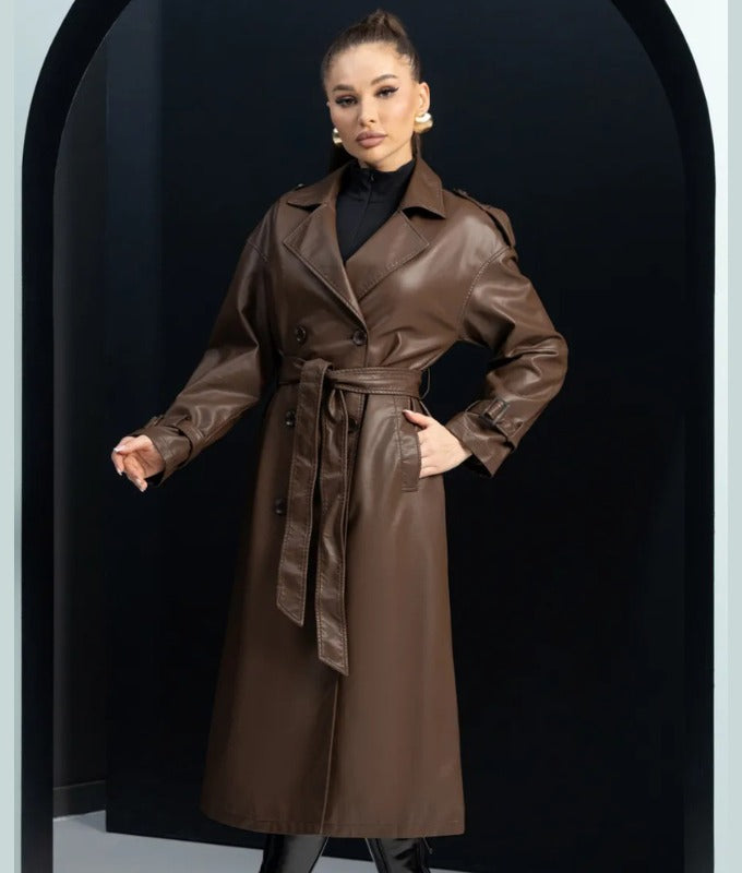 Women’s Brown Genuine Sheep Leather Trench Coat – Classic Belted Long Leather Overcoat