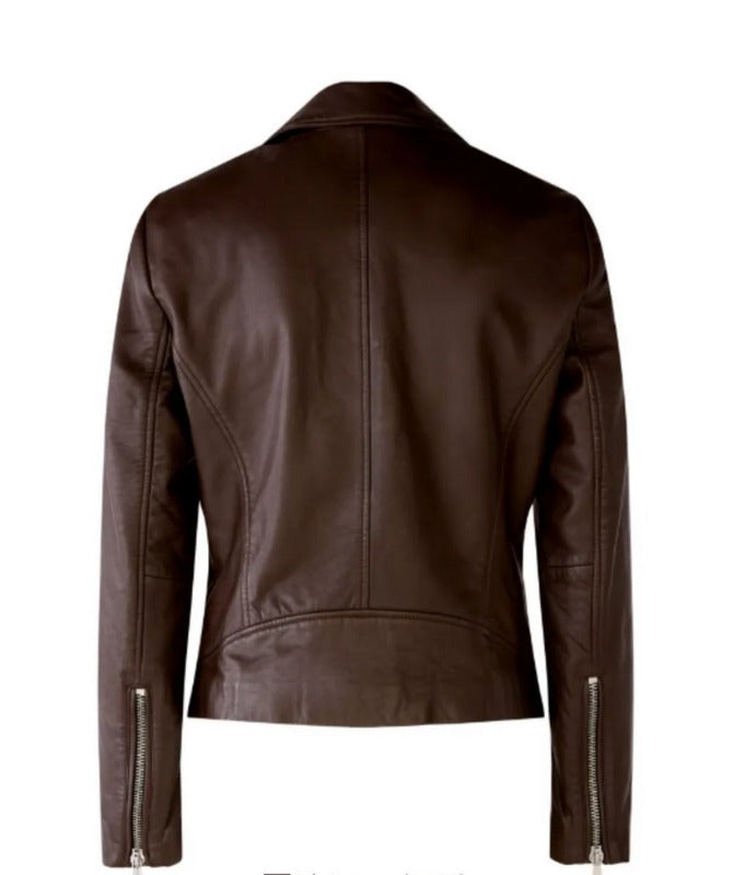 Women’s Brown Genuine Sheep Leather Biker Jacket – Classic Moto Style with Asymmetric Zip