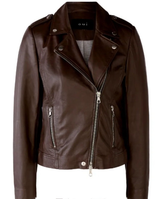 Women’s Brown Genuine Sheep Leather Biker Jacket – Classic Moto Style with Asymmetric Zip