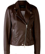 Women’s Brown Genuine Sheep Leather Biker Jacket – Classic Moto Style with Asymmetric Zip