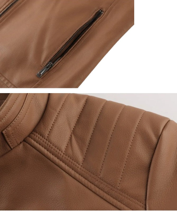 Men’s Brown Faux Leather Biker Jacket | Stylish Slim Fit Motorcycle Outerwear