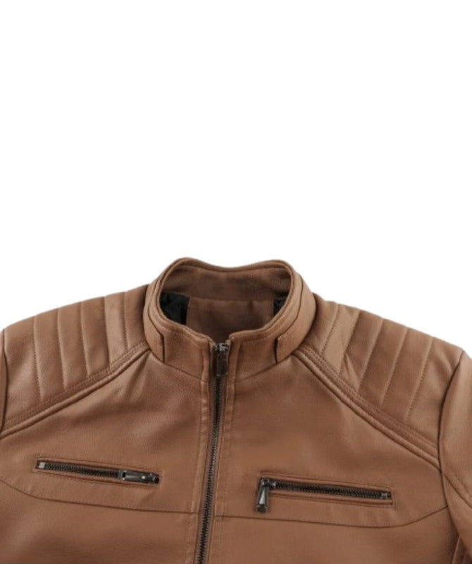 Men’s Brown Faux Leather Biker Jacket | Stylish Slim Fit Motorcycle Outerwear