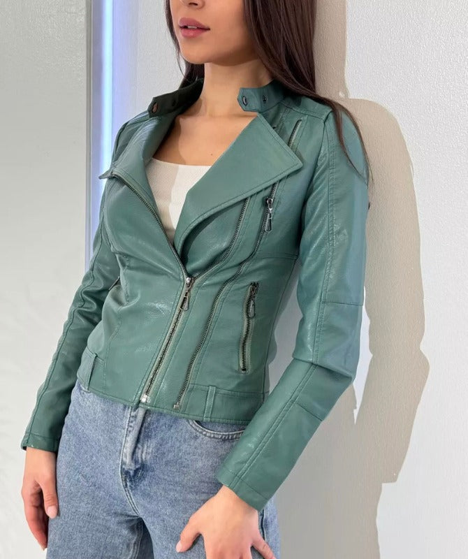 Women’s Green Genuine Sheep Leather Moto Jacket – Slim Fit Biker Style