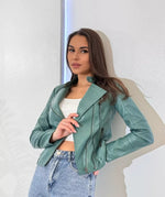 Women’s Green Genuine Sheep Leather Moto Jacket – Slim Fit Biker Style