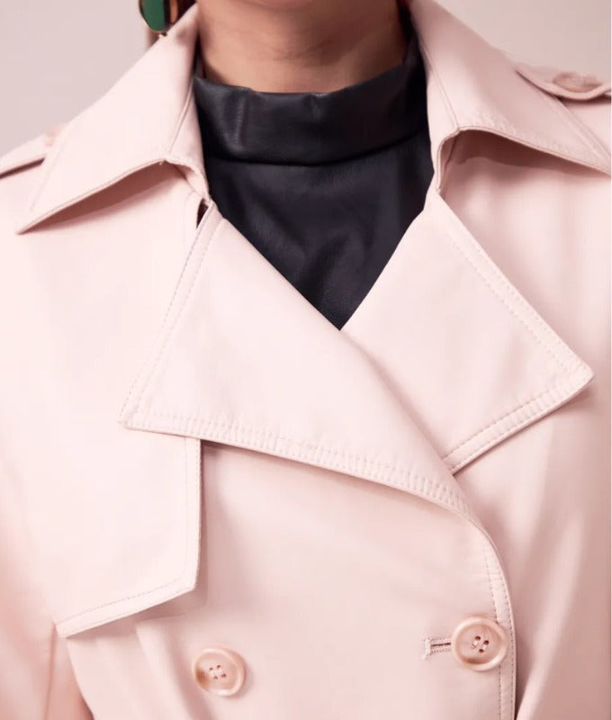 Women’s Beige Genuine Sheep Leather Trench Coat – Elegant Long Belted Leather Overcoat