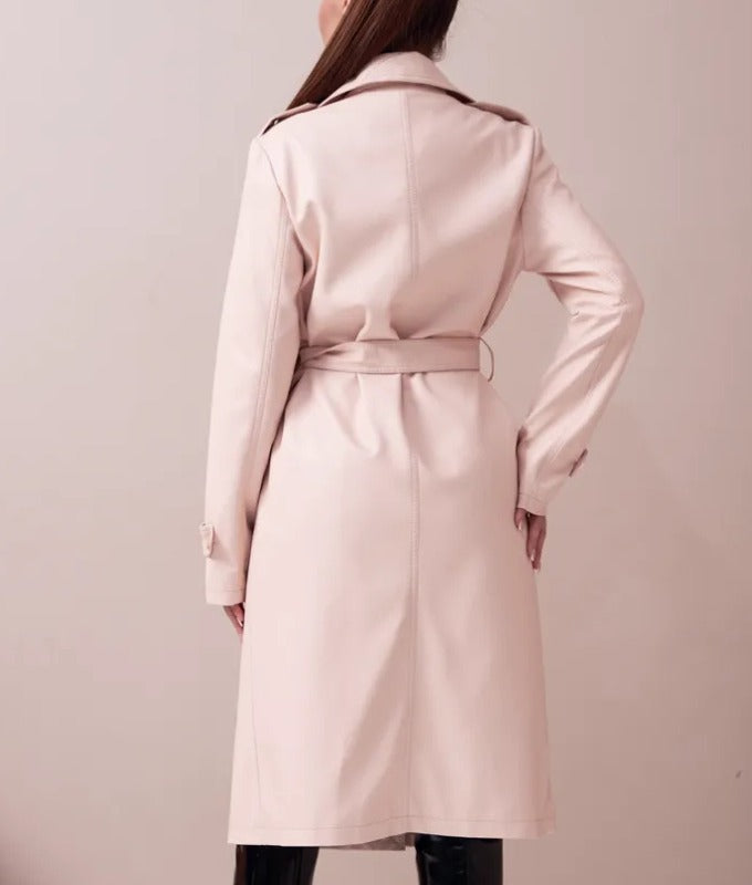 Women’s Beige Genuine Sheep Leather Trench Coat – Elegant Long Belted Leather Overcoat