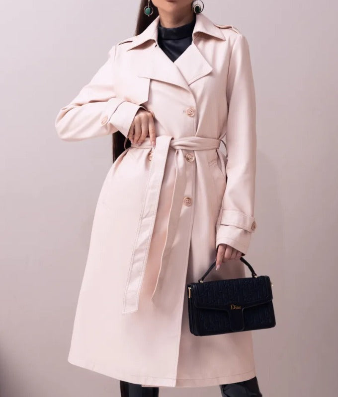 Women’s Beige Genuine Sheep Leather Trench Coat – Elegant Long Belted Leather Overcoat