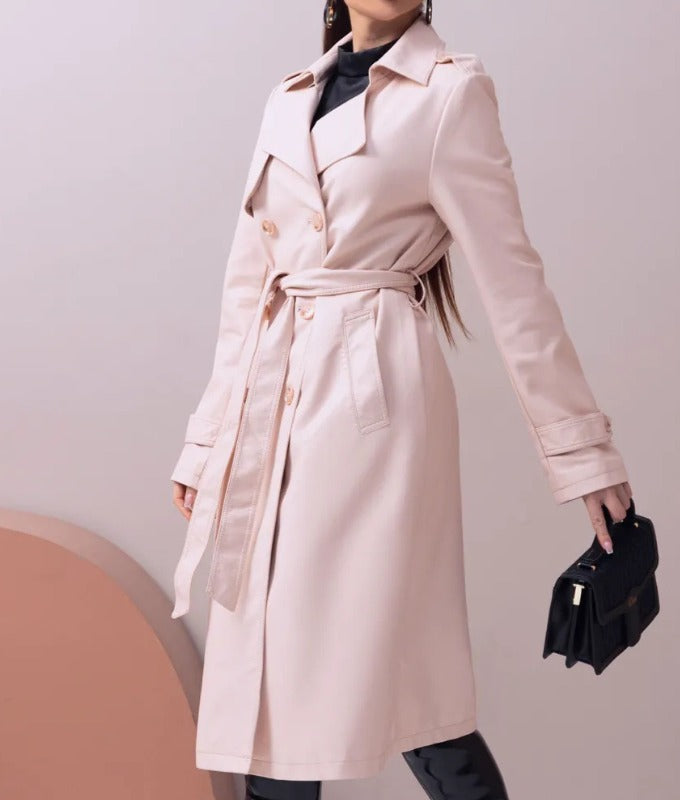 Women’s Beige Genuine Sheep Leather Trench Coat – Elegant Long Belted Leather Overcoat