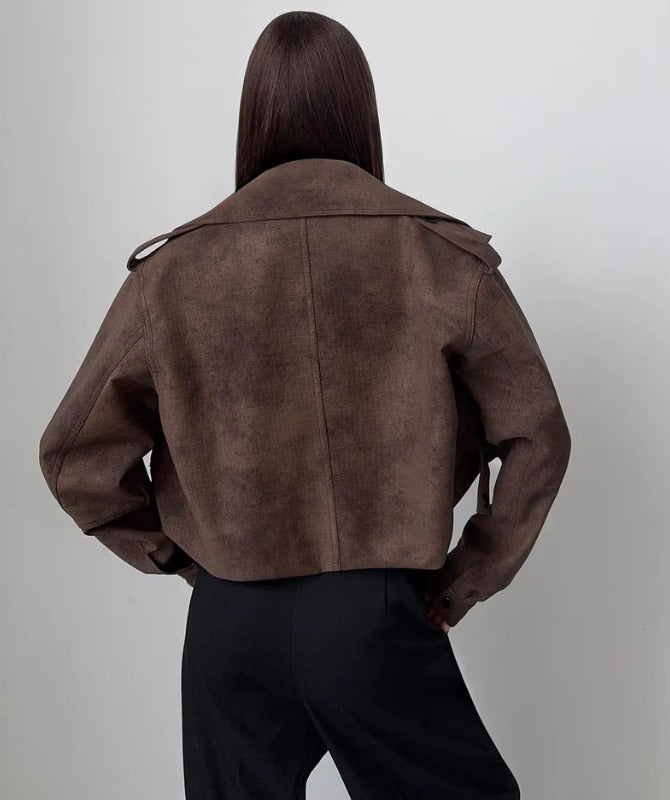 Women’s Brown Oversized Sheep Leather Cropped Jacket – Trendy Wide-Lapel Moto Style