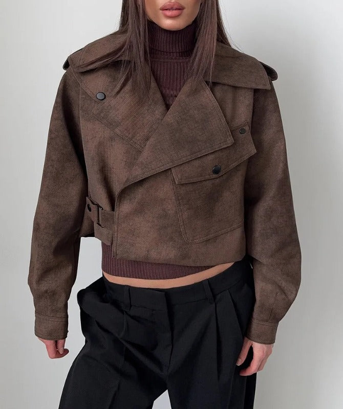 Women’s Brown Oversized Sheep Leather Cropped Jacket – Trendy Wide-Lapel Moto Style