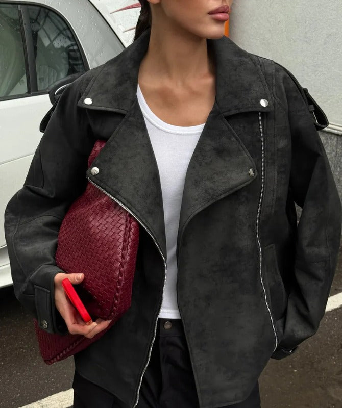 Women’s Black Oversized Sheep Leather Moto Jacket – Wide-Lapel Cropped Biker Style