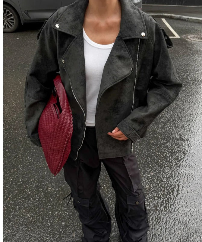 Women’s Black Oversized Sheep Leather Moto Jacket – Wide-Lapel Cropped Biker Style