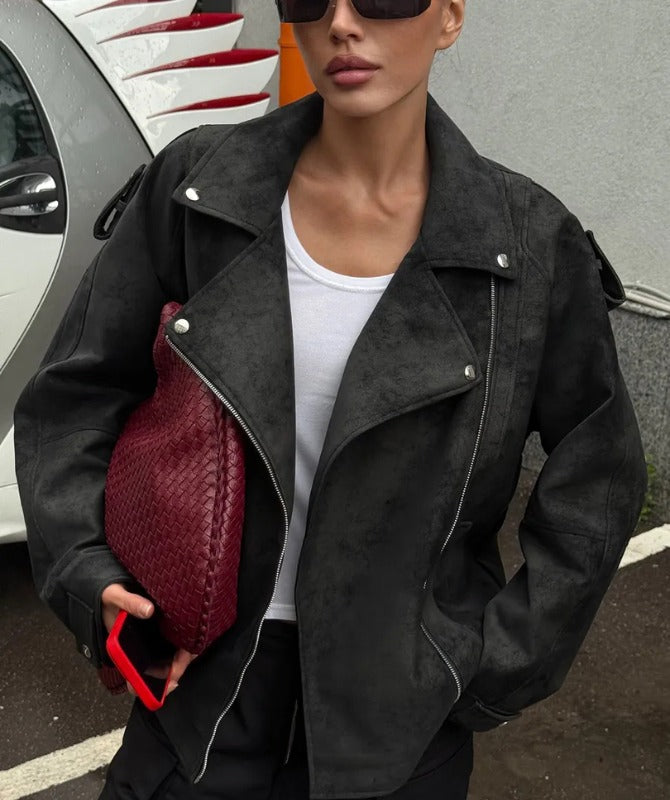 Women’s Black Oversized Sheep Leather Moto Jacket – Wide-Lapel Cropped Biker Style