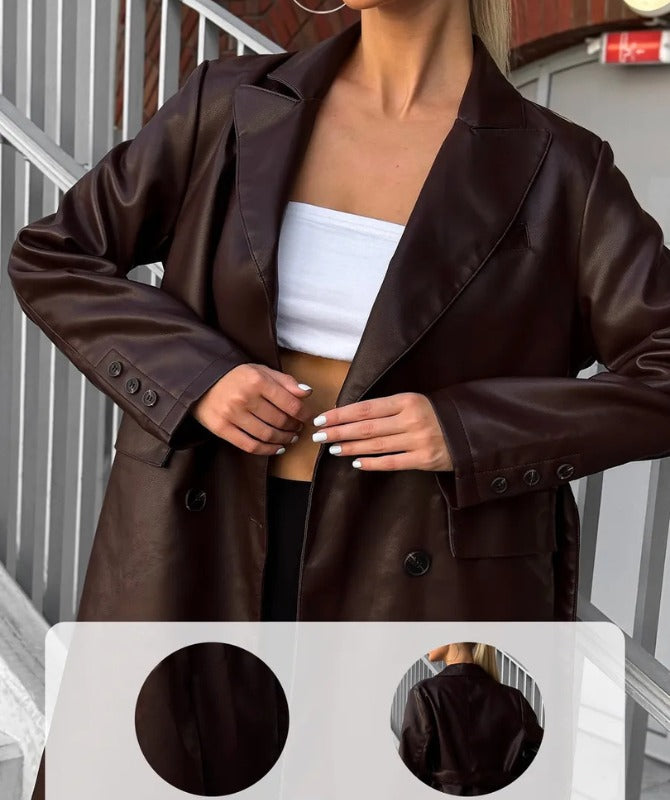 Women’s Long Brown Sheep Leather Trench Coat – Premium Double-Breasted Full-Length Outerwear