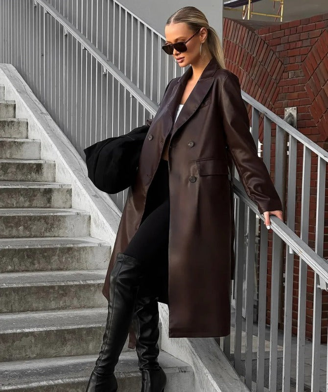 Women’s Long Brown Sheep Leather Trench Coat – Premium Double-Breasted Full-Length Outerwear