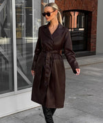 Women’s Long Brown Sheep Leather Trench Coat – Premium Double-Breasted Full-Length Outerwear